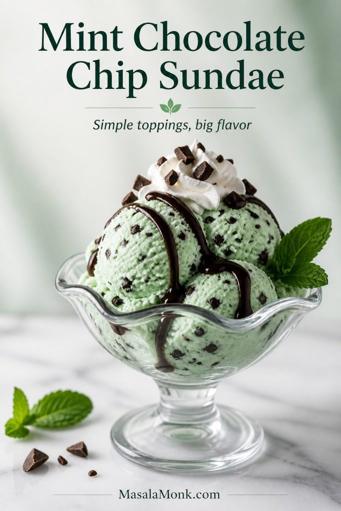 Mint chocolate chip sundae in a glass dish with chocolate syrup, whipped cream, chopped chocolate, and mint garnish.