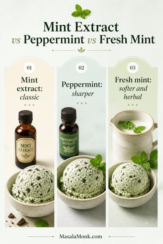 Comparison board showing mint extract, peppermint extract, and fresh mint as flavor options for homemade mint chocolate chip ice cream.