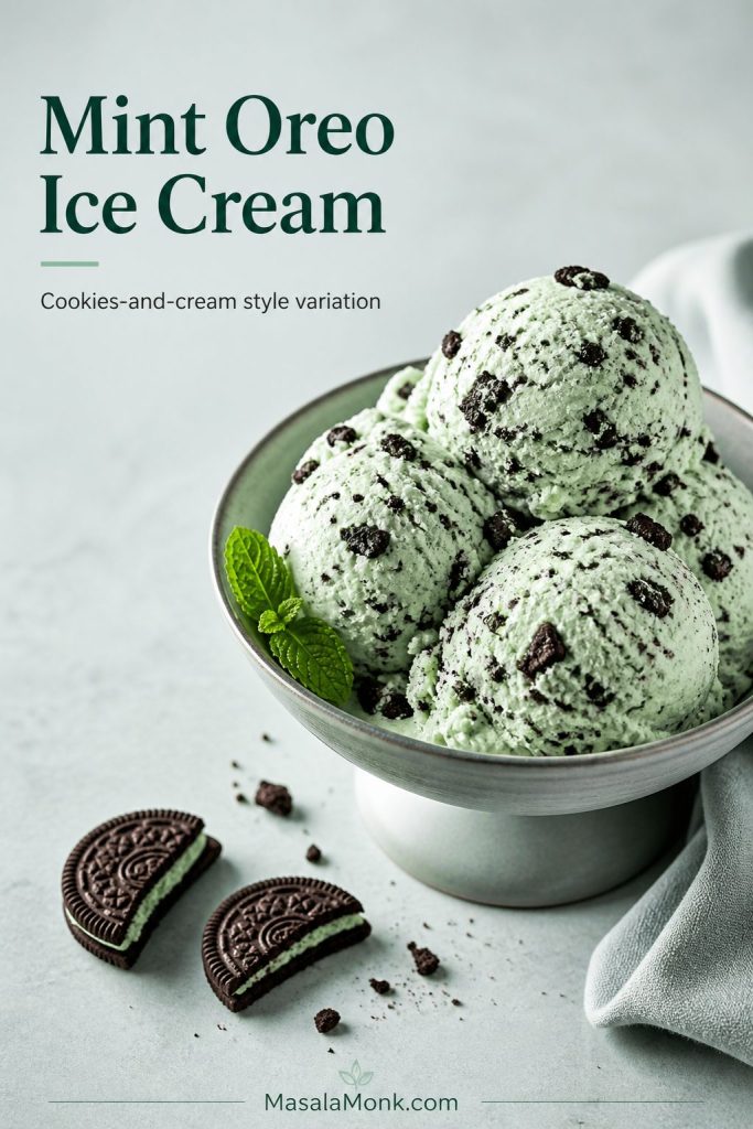 Mint ice cream with crushed chocolate sandwich cookie pieces mixed through the scoops, with broken cookies nearby.