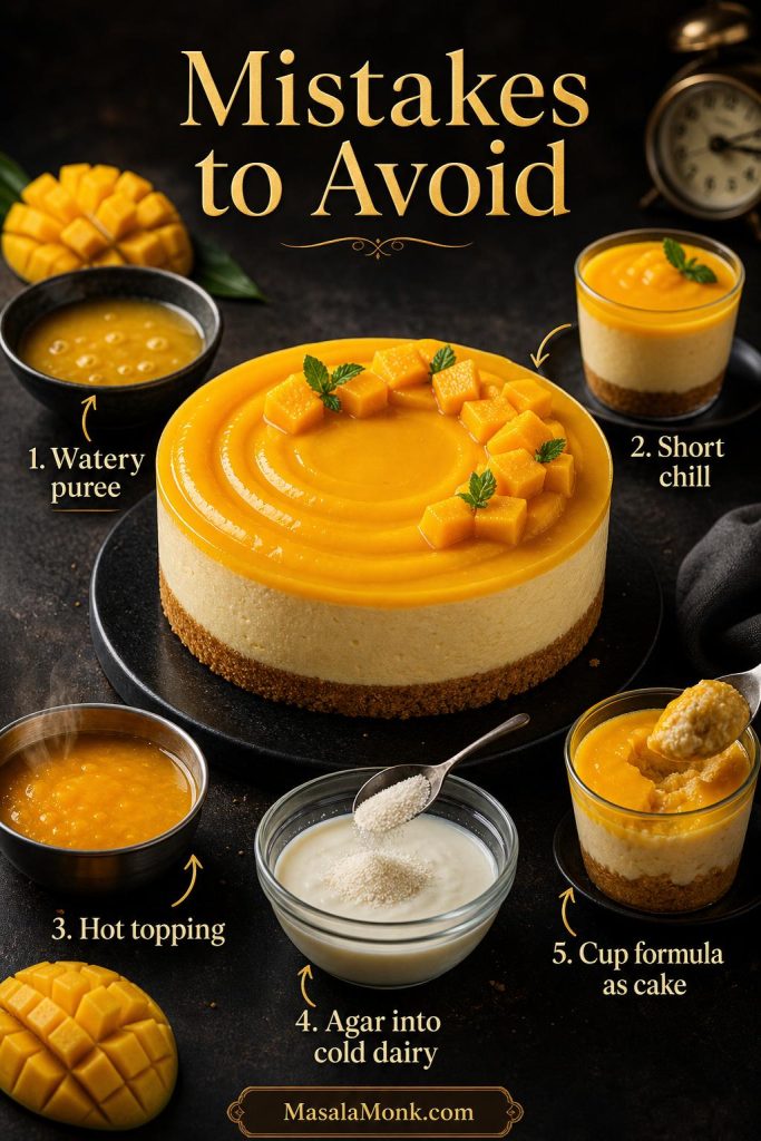 Graphic showing common mango cheesecake mistakes, including watery puree, short chill time, hot topping, agar added to cold dairy, and using a cup formula as a cake.