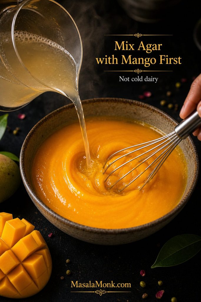 Warm agar mixture being whisked into mango puree in a bowl on a dark counter.