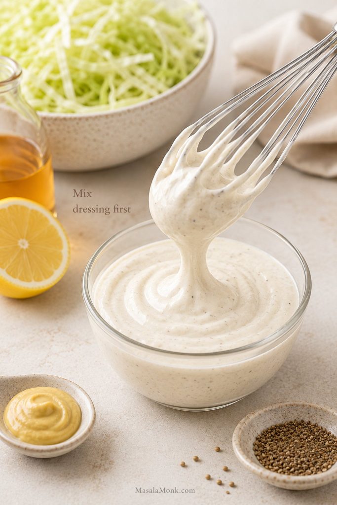Creamy coleslaw dressing being whisked in a bowl before it is added to shredded cabbage.
