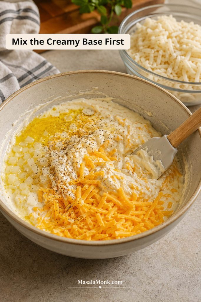 Creamy hashbrown casserole base being mixed in a bowl before the potatoes are added.