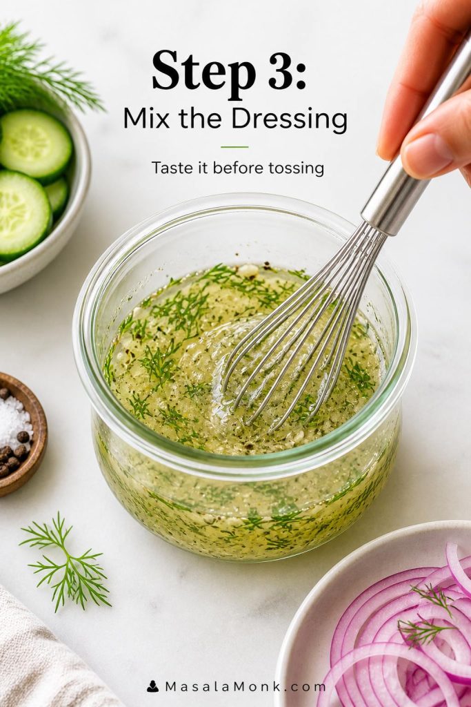 Light vinegar dressing being mixed with dill, pepper, salt, and sweetener for cucumber salad.