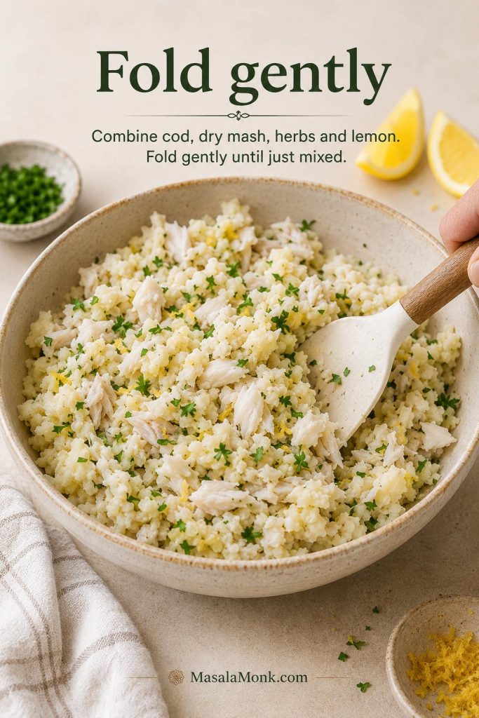 Cod flakes, mashed potato, herbs, and seasoning being gently folded together in a bowl