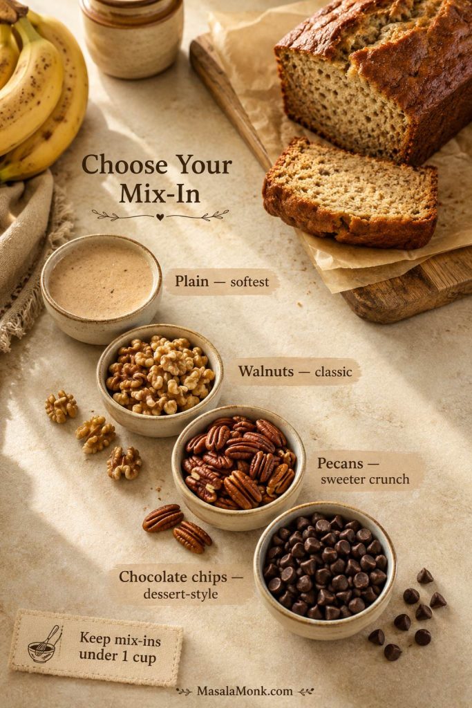 Mix-in chooser for banana bread with applesauce showing plain, walnuts, pecans, and chocolate chips.
