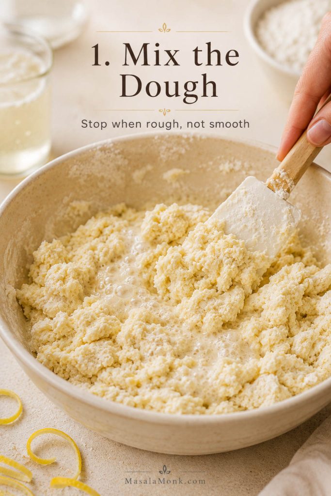 Lemonade scone dough being gently mixed in a bowl with visible flour and liquid still coming together.