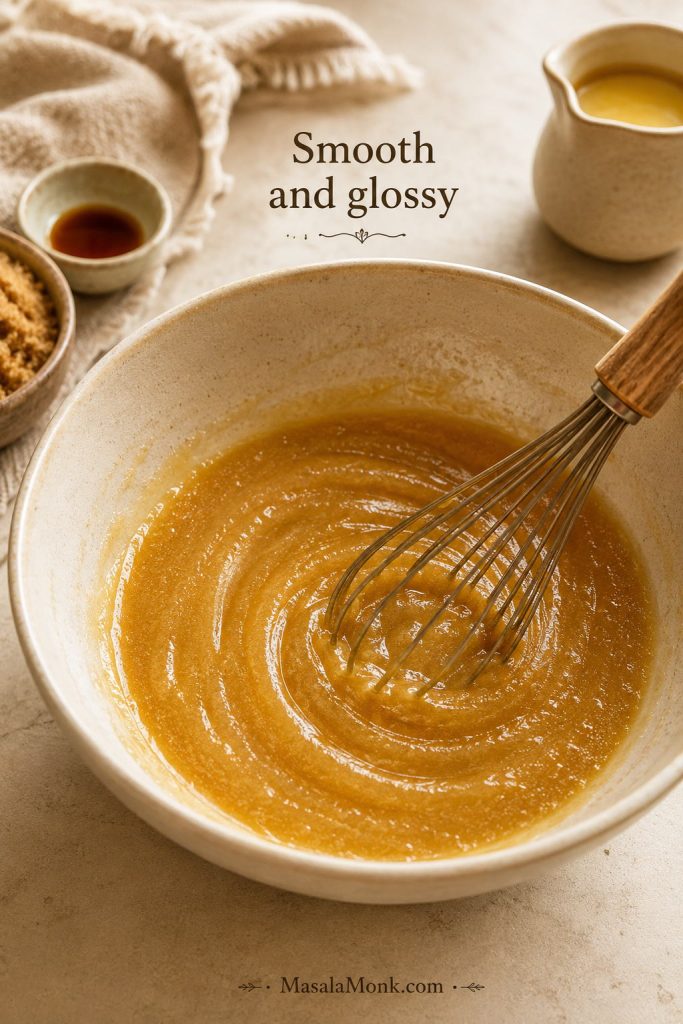 Melted butter, brown sugar, egg, and vanilla being whisked smooth in a ceramic bowl.