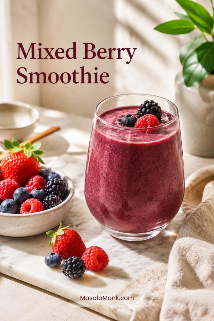 Mixed berry smoothie in a glass with strawberries, blueberries, raspberries, and blackberries nearby.