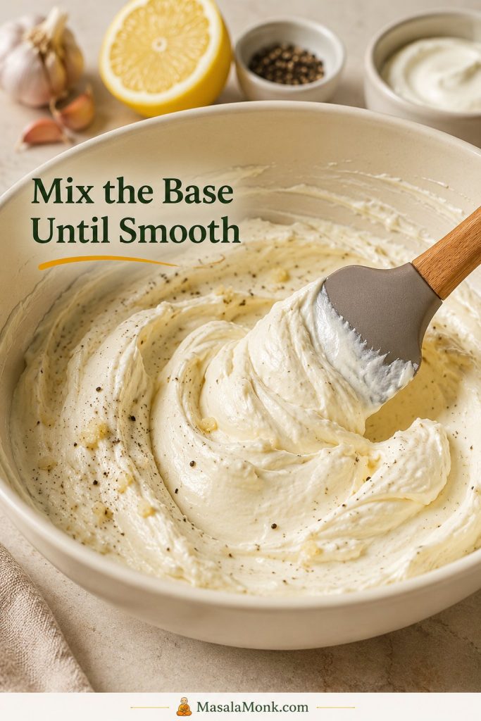 Cream cheese, sour cream, mayonnaise, garlic, lemon, and pepper being mixed into a smooth base in a bowl.