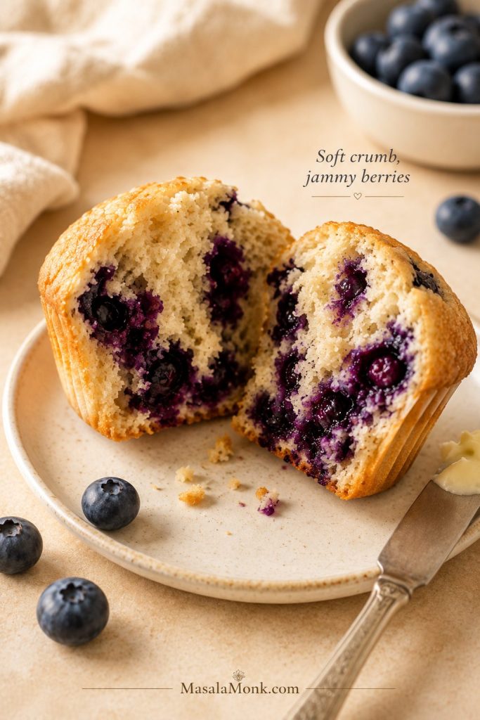 Close-up of a split blueberry muffin with moist crumb and jammy blueberry pockets.