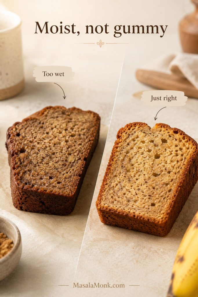 Comparison of two banana bread slices labeled “Too wet” and “Just right” under the heading “Moist, not gummy.”