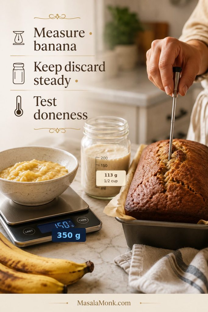 Moisture-control guide with mashed banana on a scale, sourdough discard measured at 113 grams, and a banana bread loaf being tested for doneness.