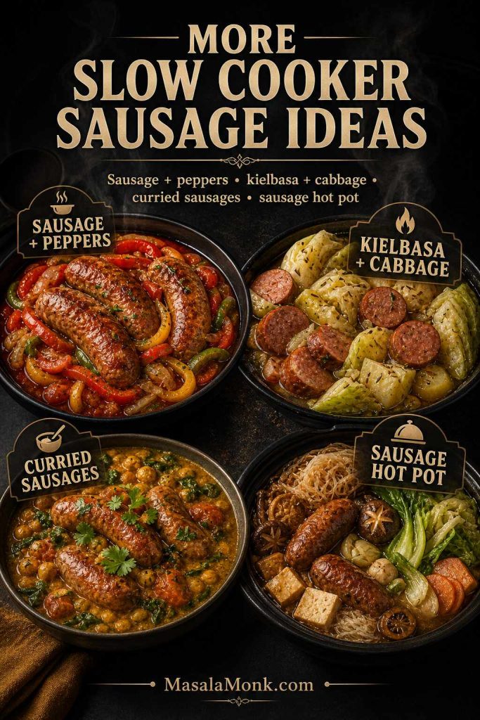 Slow cooker sausage meal ideas including sausage and peppers, kielbasa and cabbage, curried sausages and sausage hot pot.