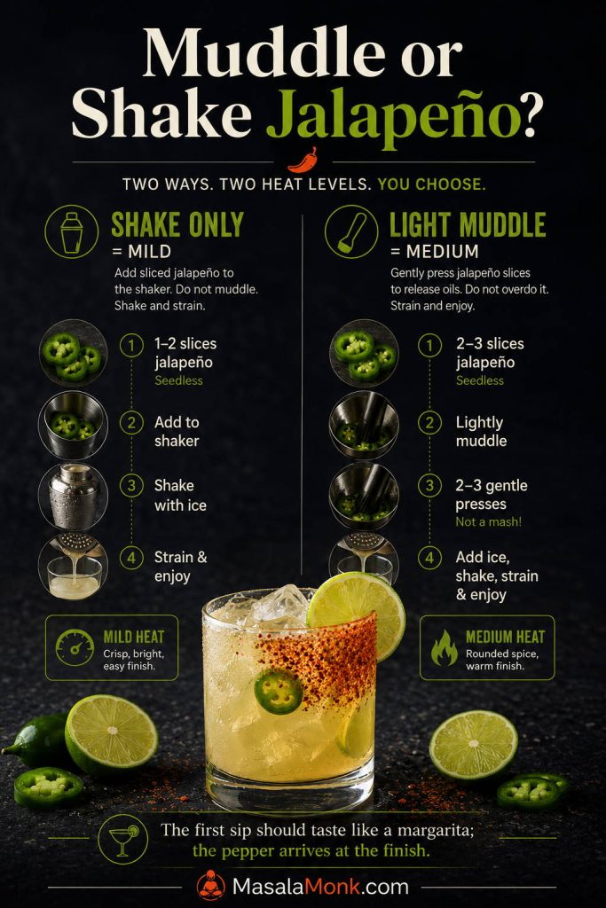 Comparison showing jalapeño slices shaken for mild heat and lightly muddled for medium spicy margarita heat.