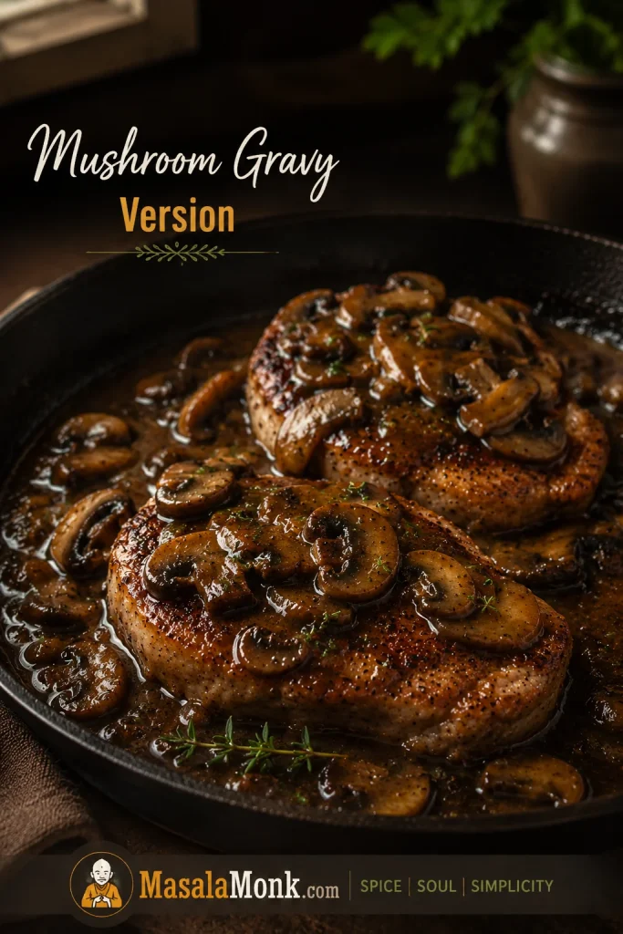 Smothered pork chops covered with darker mushroom gravy and browned sliced mushrooms.