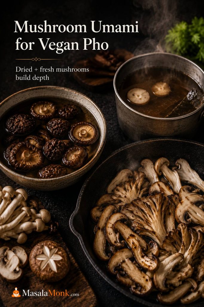 Dried shiitake mushrooms soaking, fresh mushrooms cooking in a pan, and mushroom broth for vegan pho.