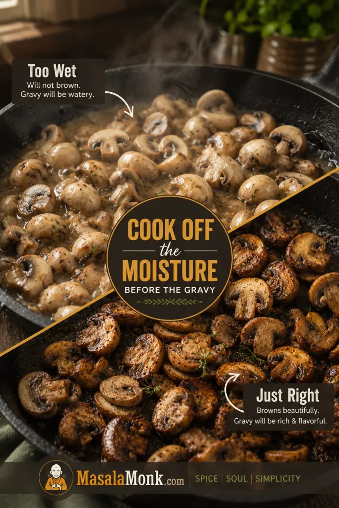 Comparison of wet mushrooms and browned mushrooms cooked until the pan looks mostly dry.