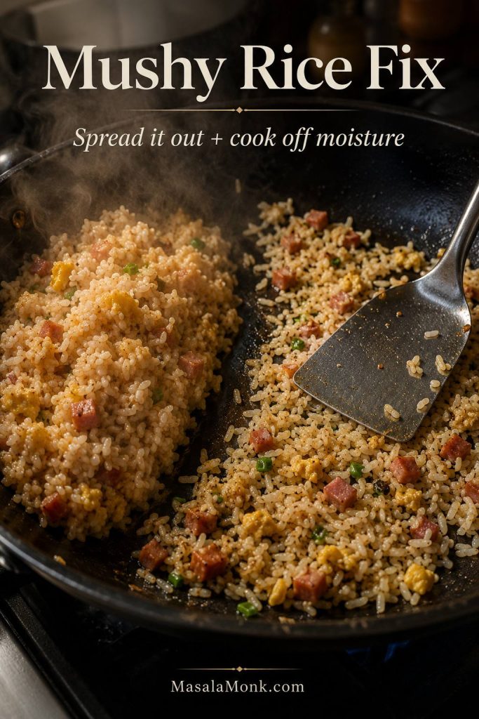 Mushy fried rice being spread across a skillet with a spatula so excess moisture can cook off.