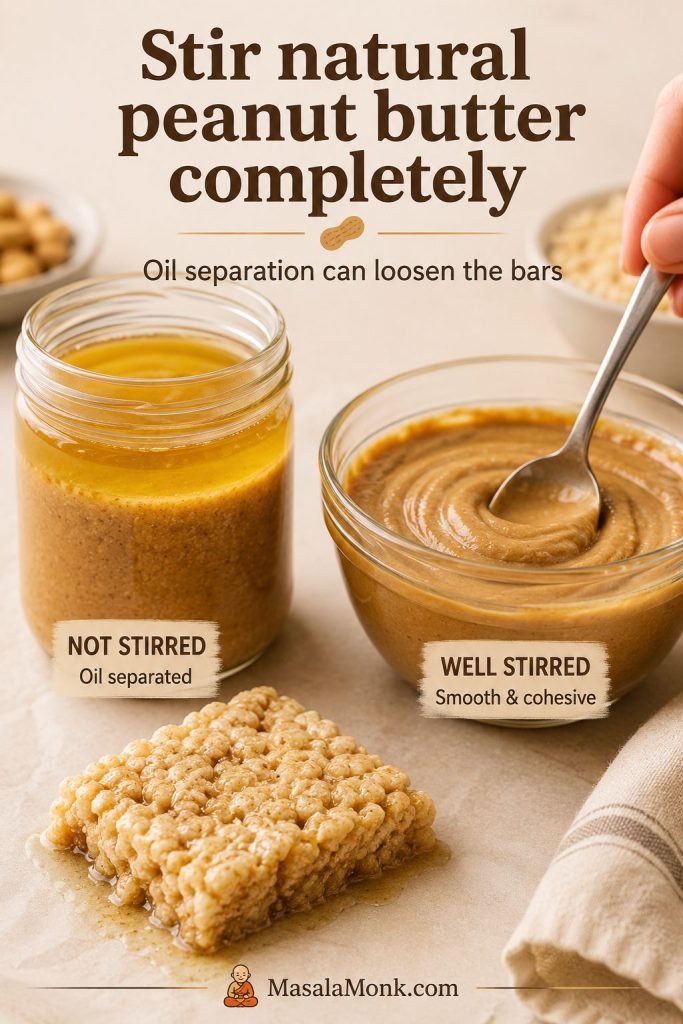 Separated natural peanut butter beside fully stirred peanut butter with a loose cereal bar texture cue.