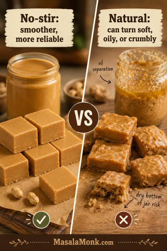 Split comparison of no-stir peanut butter and natural peanut butter showing reliable smooth fudge versus softer or oilier results.