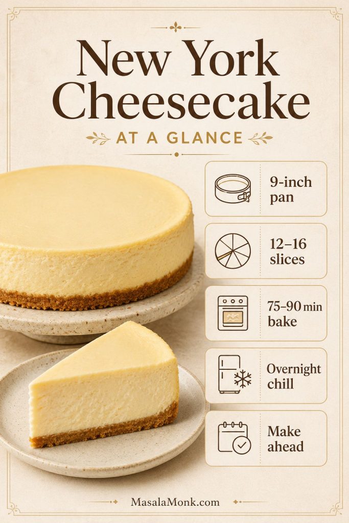At-a-glance cheesecake guide with 9-inch pan, 12 to 16 slices, 75 to 90 minute bake, overnight chill, and make-ahead notes.