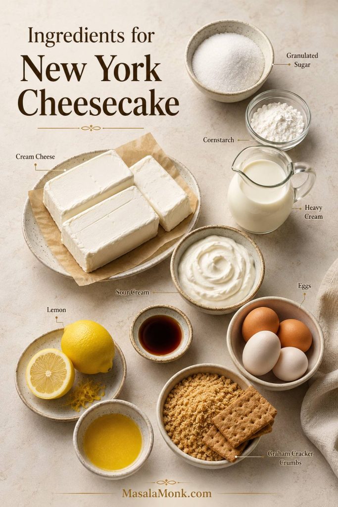 New York cheesecake ingredients including cream cheese, sour cream, heavy cream, eggs, lemon, vanilla, sugar, cornstarch, butter, and crust crumbs.
