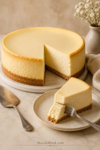 Tall New York cheesecake with one clean slice pulled forward, creamy ivory filling, smooth pale top, and golden crumb crust.
