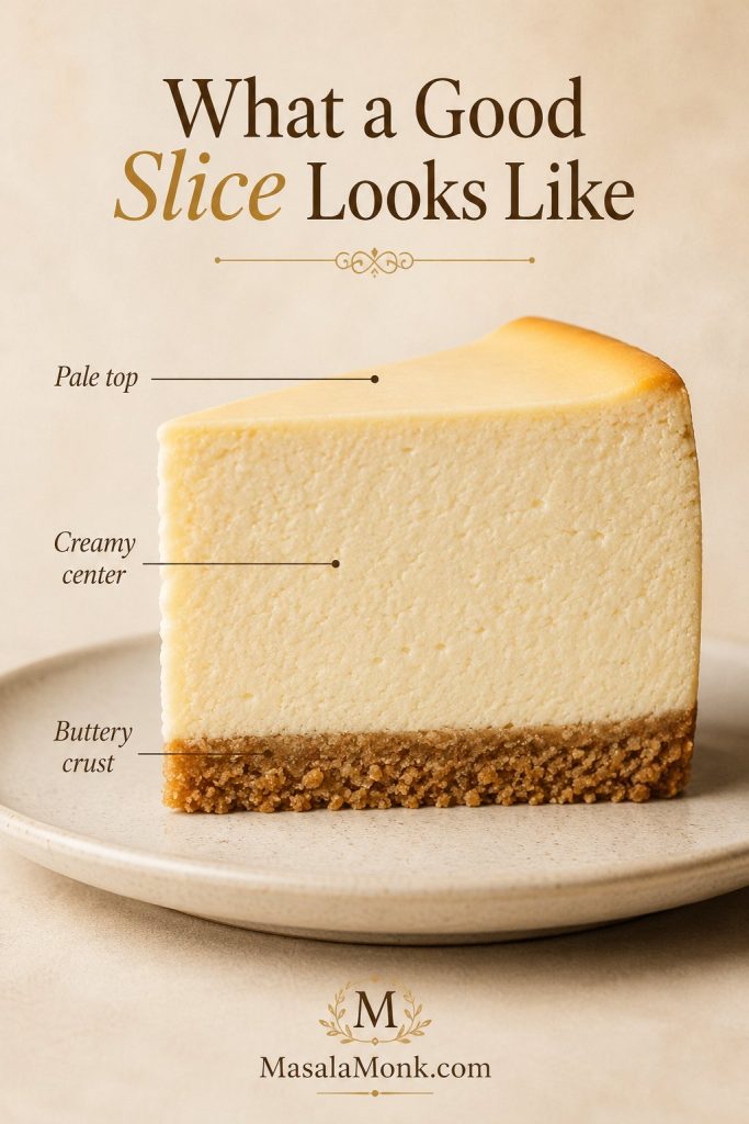 Side profile of a tall cheesecake slice labeled with pale top, creamy center, and buttery crumb crust.