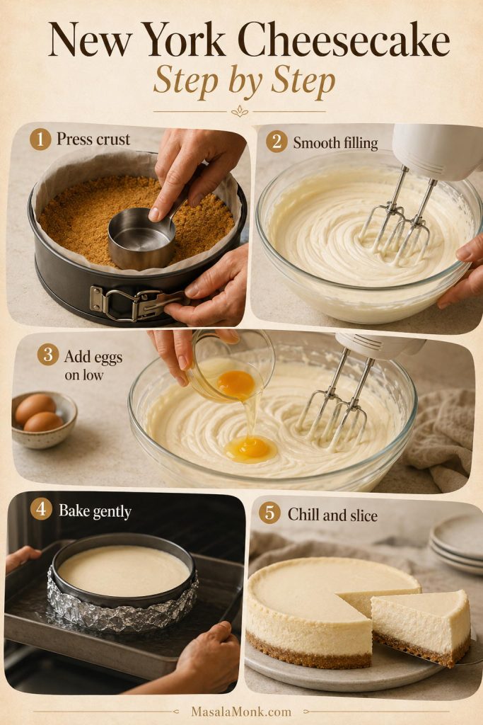 Five-step New York cheesecake process showing pressing the crust, smoothing filling, adding eggs, baking gently, and chilling before slicing.