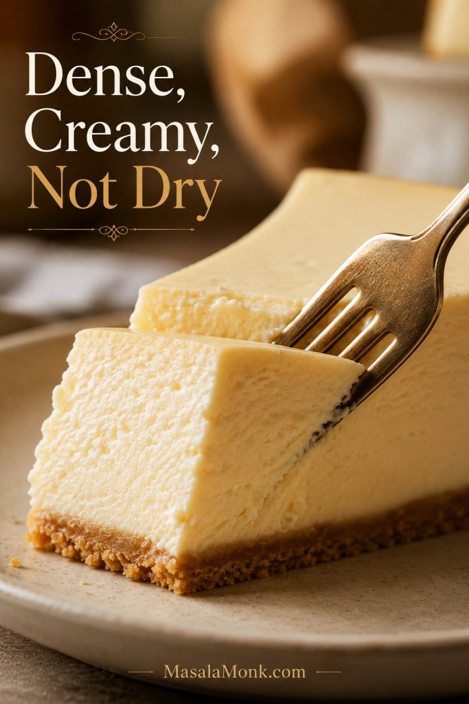 Close-up of a fork cutting into a creamy New York cheesecake slice with a golden crumb crust.