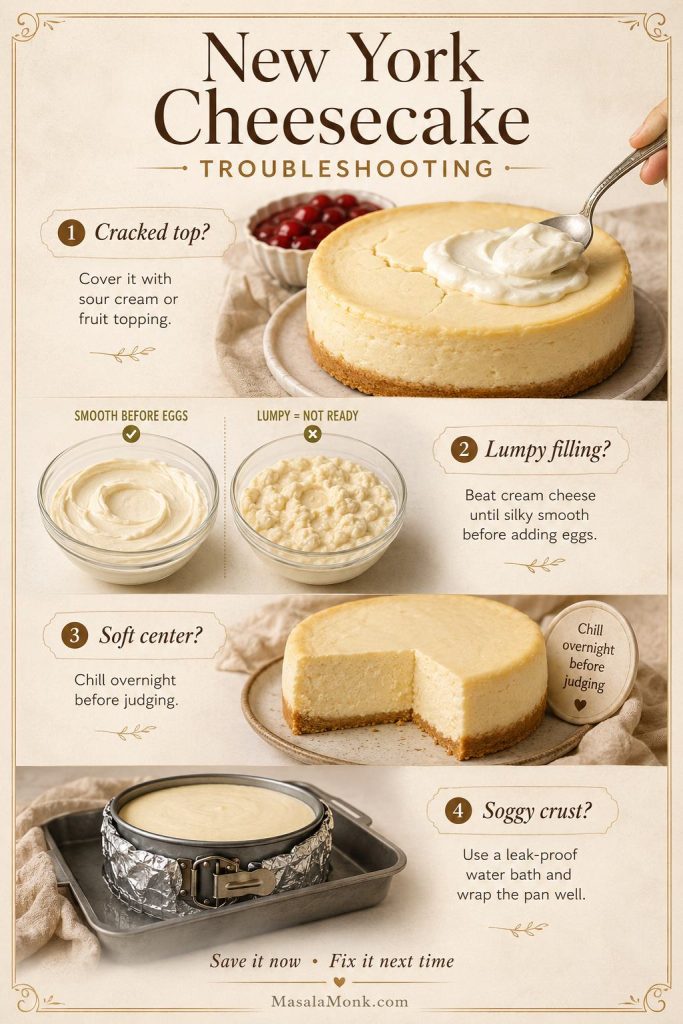 Troubleshooting guide showing cracked top, lumpy filling, soft center, and soggy crust fixes for New York cheesecake.
