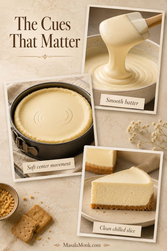 Visual cue guide showing smooth cheesecake batter, soft center movement, and a clean chilled slice.