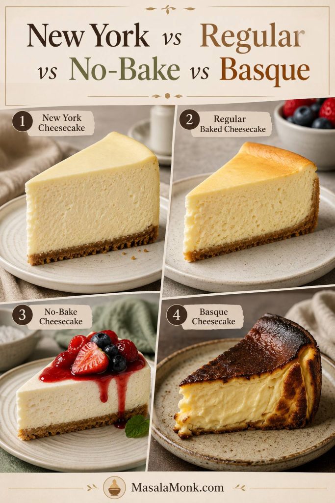Comparison of New York cheesecake, regular baked cheesecake, no-bake cheesecake, and Basque cheesecake slices.