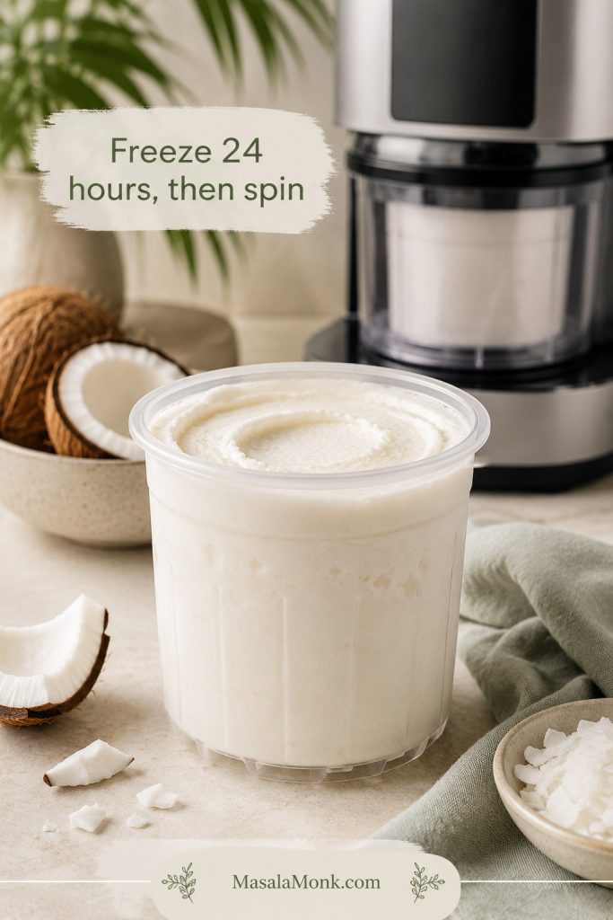 Coconut ice cream in a Ninja Creami-style pint after spinning, with the machine softly visible in the background.