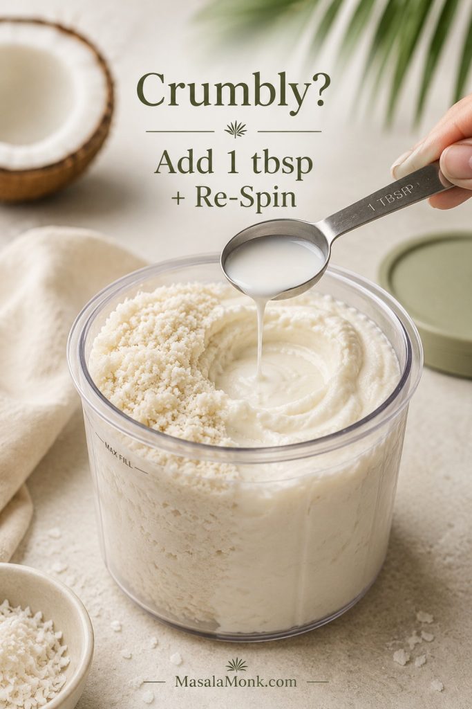 Ninja Creami coconut ice cream showing a crumbly texture being improved with a tablespoon of liquid before re-spinning.