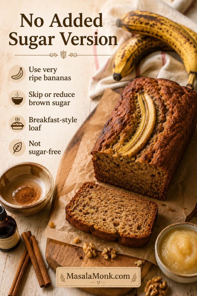 No added sugar banana bread with applesauce showing ripe bananas, a sliced loaf, cinnamon, vanilla, and reduced sugar cue.