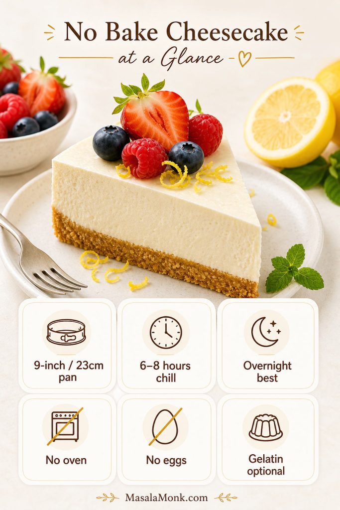Quick-reference board for no-bake cheesecake with pan size, chill time, no oven, no eggs, and optional gelatin notes