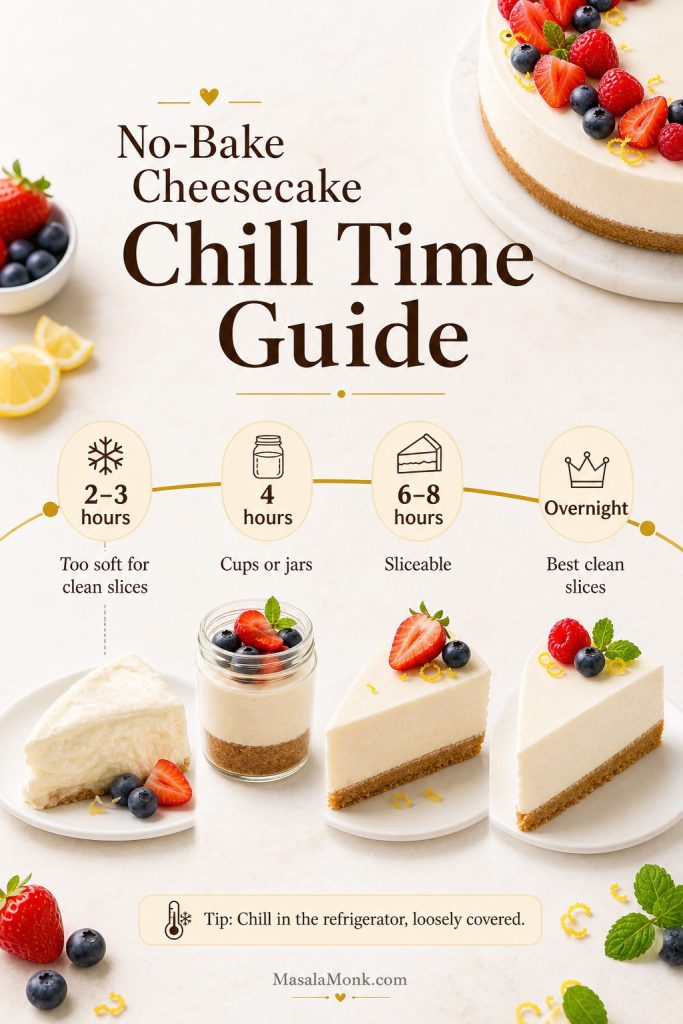 No-bake cheesecake chill time guide showing soft, cup-ready, sliceable, and overnight stages