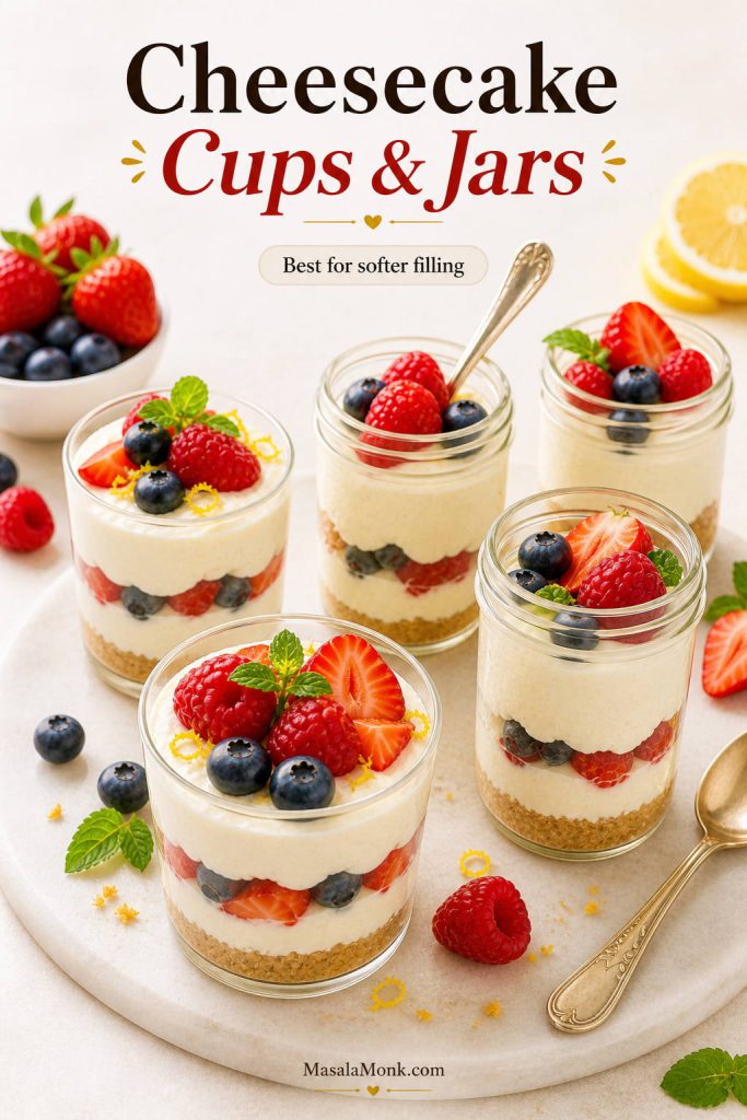 No-bake cheesecake cups and jars with crumb layers, creamy filling, berries, lemon zest, and spoons