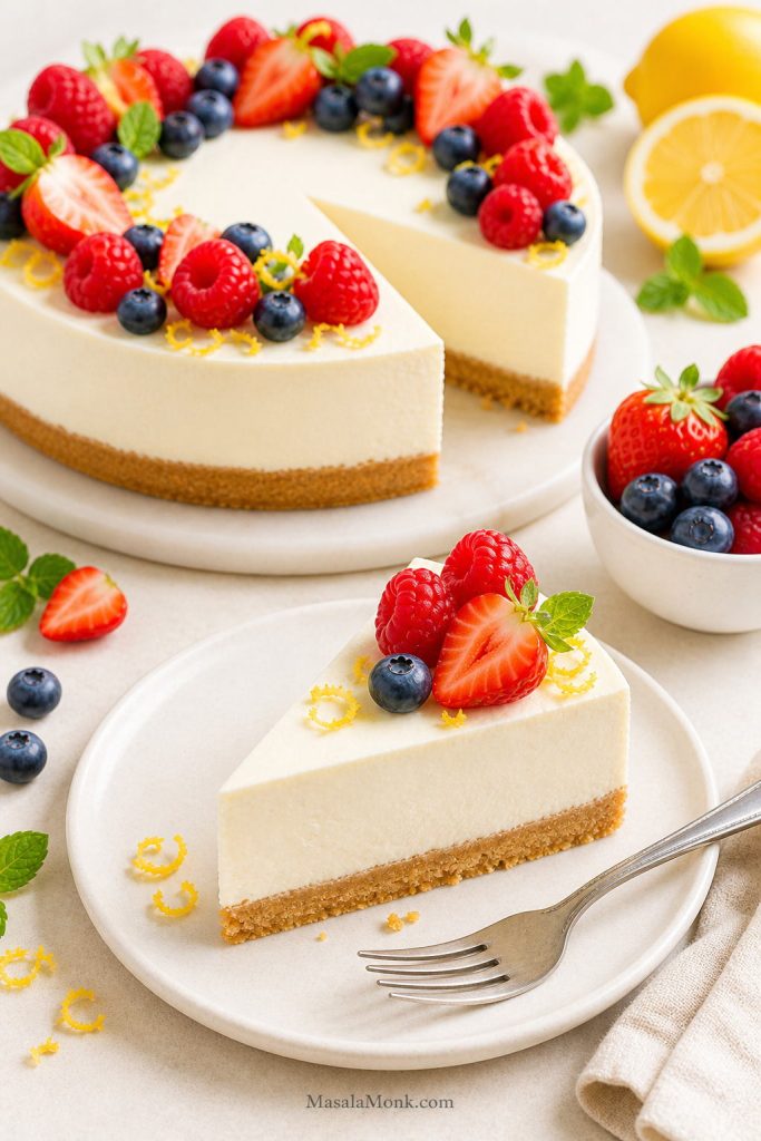 Final serving scene with a full no-bake cheesecake, a plated slice, berries, lemon zest, and a fork