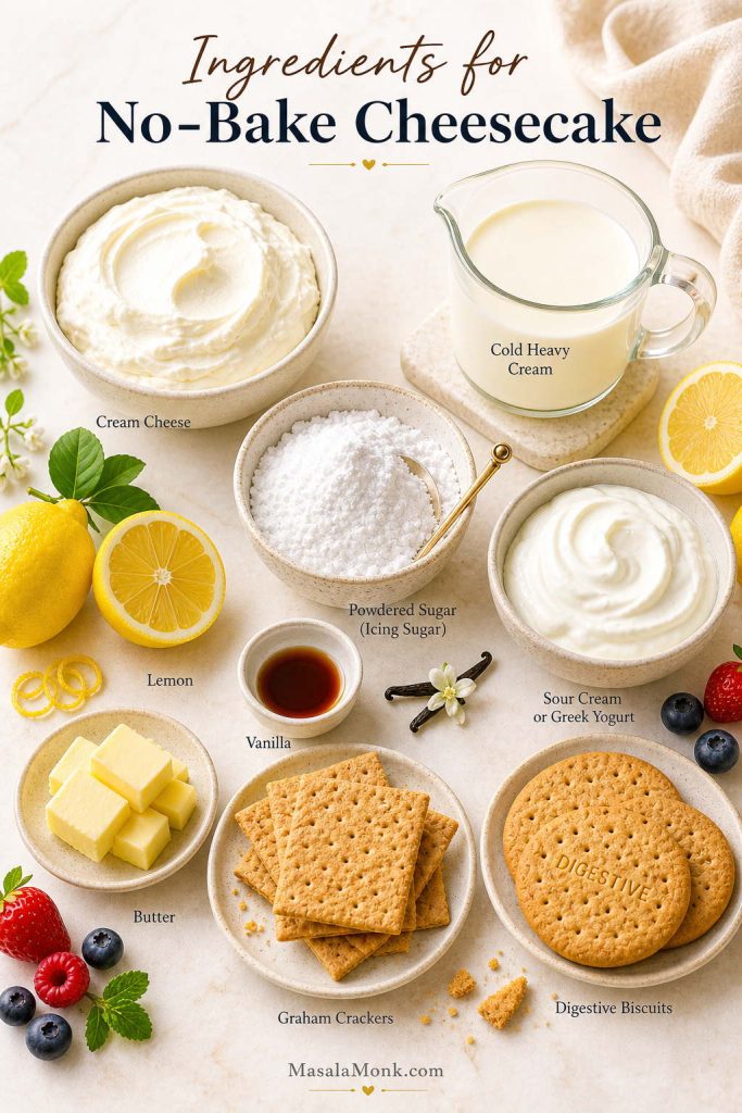 Ingredients for no-bake cheesecake including cream cheese, whipping cream, powdered sugar, lemon, vanilla, butter, graham crackers, and digestive biscuits