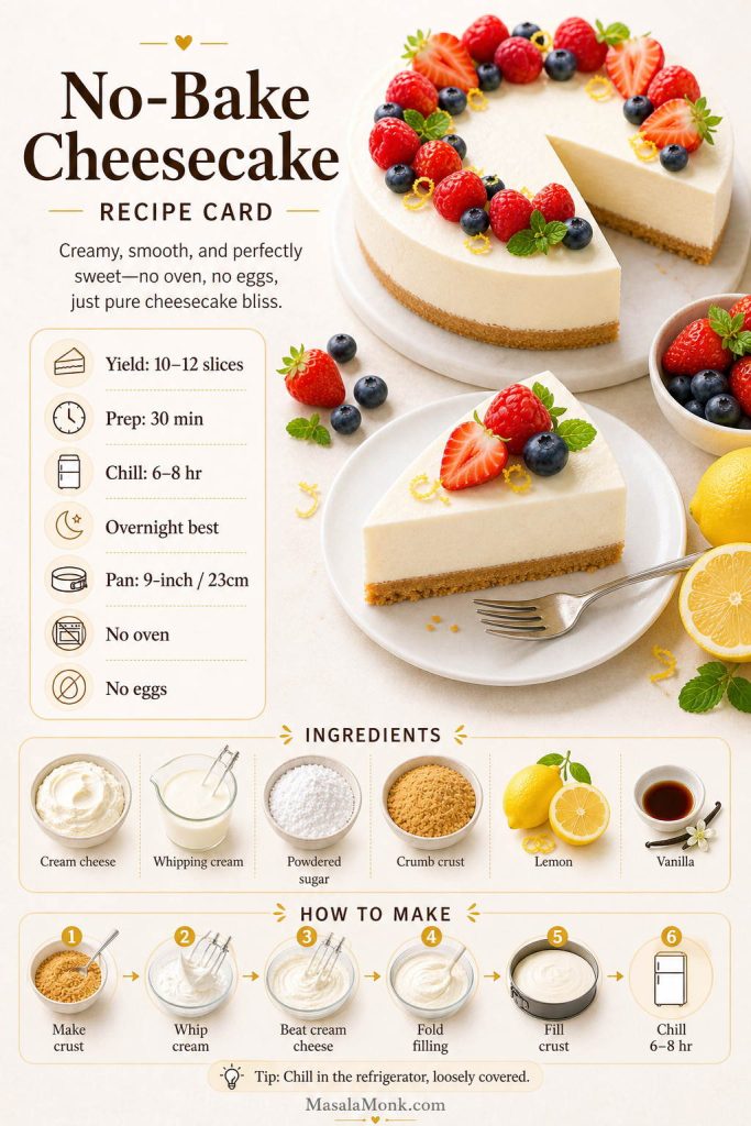 Saveable no-bake cheesecake recipe card with yield, prep time, chill time, ingredients, and method steps