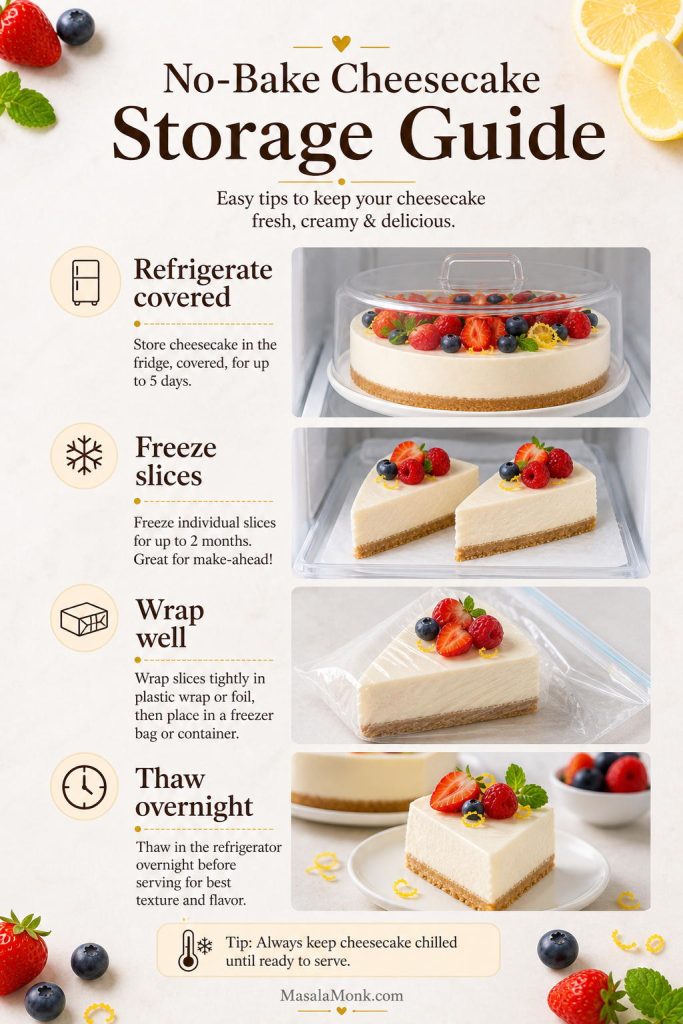 Storage guide showing covered cheesecake in the refrigerator, frozen slices, wrapped slices, and thawed cheesecake