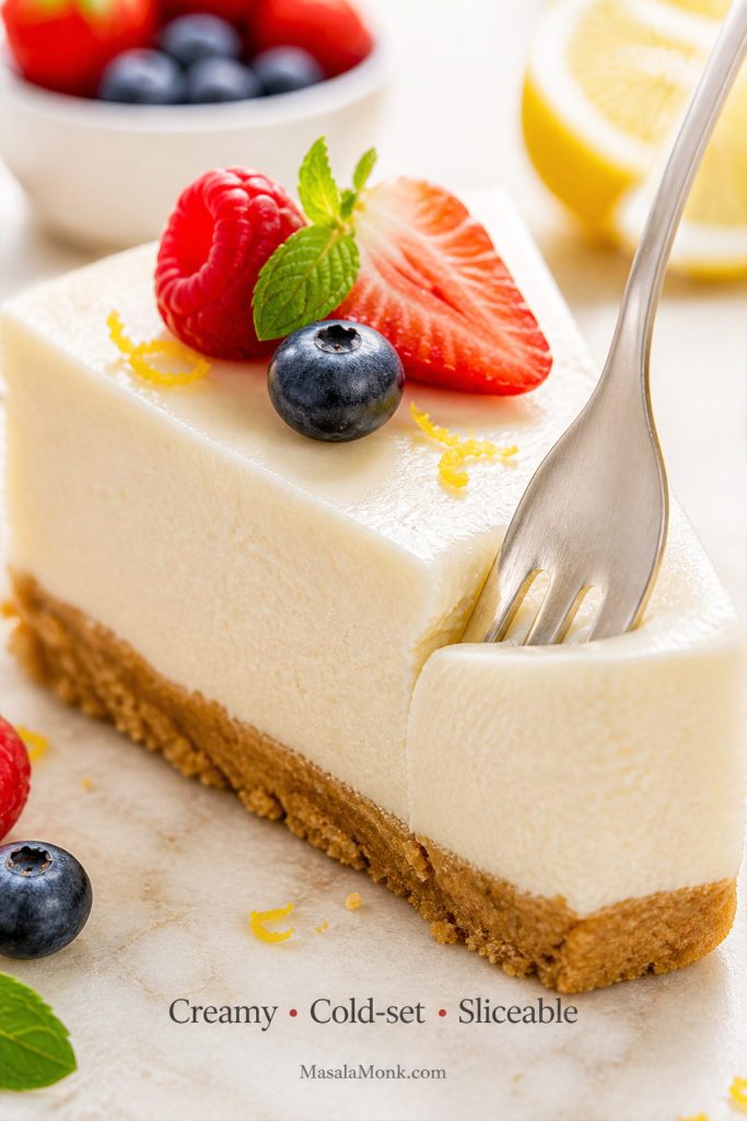 Close-up slice of no-bake cheesecake showing smooth filling, golden crust, berries, lemon zest, and a fork
