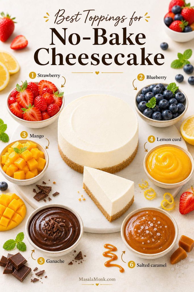Topping guide with strawberry, blueberry, mango, lemon curd, ganache, and salted caramel for no-bake cheesecake