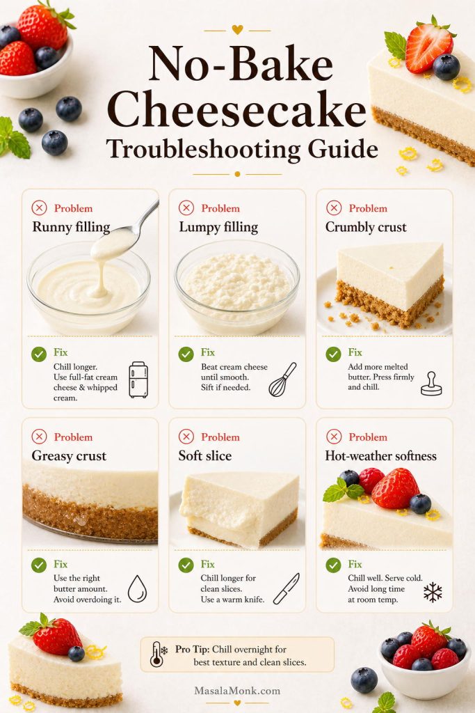 Troubleshooting guide with runny filling, lumpy filling, crumbly crust, greasy crust, soft slice, and hot-weather softness