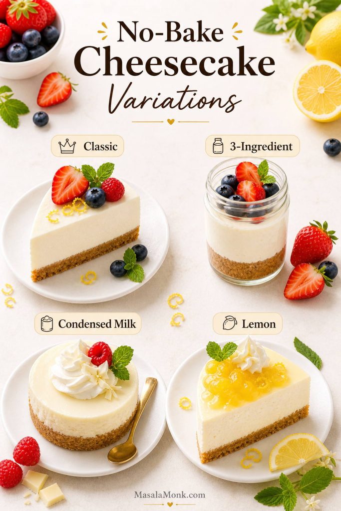 Four no-bake cheesecake variations showing classic, 3-ingredient, condensed milk, and lemon versions