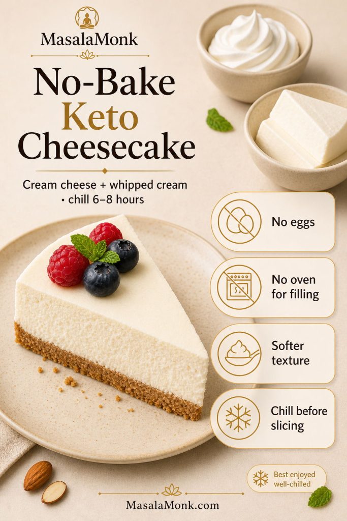 No-bake keto cheesecake slice with cream cheese, whipped cream, chilling time, and no-egg filling notes.