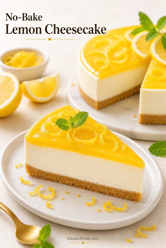 No-bake lemon cheesecake slice with glossy lemon topping, lemon zest, mint, and golden crumb crust